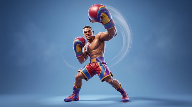 3D stylized character of a muscular male boxer throwing a powerful upward uppercut punch against a clean blue background, showcasing vibrant colored gloves and shorts.