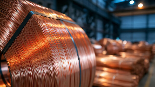 Coiled Copper Wire in Industrial Warehouse: A close-up view of tightly wound copper wire spools stacked in a dimly lit industrial warehouse, showcasing the raw material essential for modern industry.