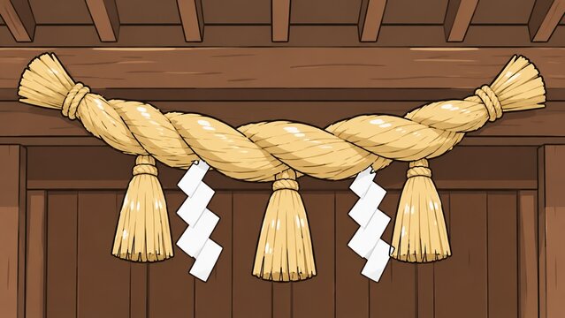 神社の軒下に飾られた伝統的なしめ縄と紙垂のイラストレーション