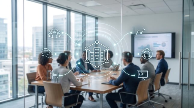 Corporate business team meeting in modern office boardroom with digital holographic interface displaying company infrastructure icons and global network connectivity data visualization concept