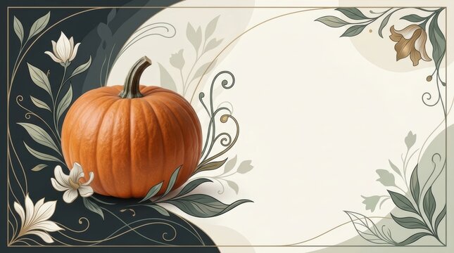 Minimalist Halloween Hero Banner with Realistic Pumpkin and Art Nouveau Botanical Illustration and Copy Space