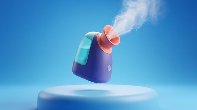 sleek modern facial steamer floating above a podium, emitting a plume of warm steam and vapor against a clean blue studio background.