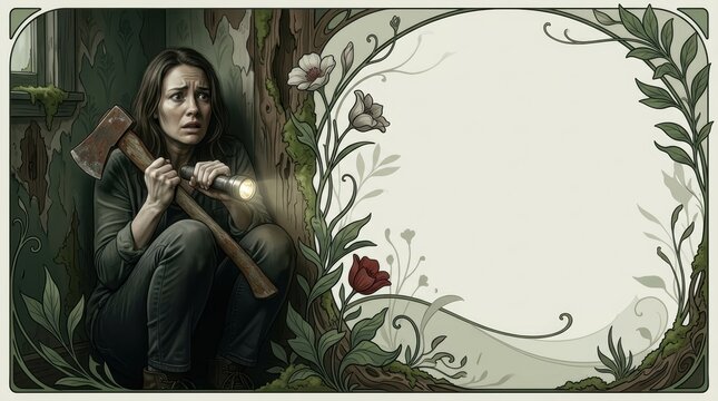 Survival horror banner: terrified woman in decaying cabin with axe and Art Nouveau botanical frame, copy space.