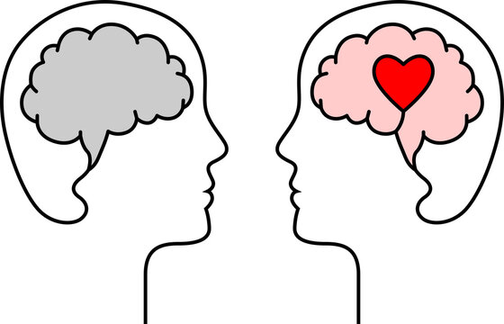 Profile silhouettes of human head showing logical and emotional brain parts with heart