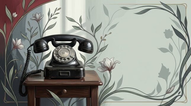 Vintage Rotary Phone on Nightstand in Moody Art Nouveau Hybrid Interior with Large Copy Space for Psychological Horror or Hotel Campaign Banner