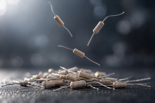 Ceramic Resistors Suspended in High-Speed Freeze Motion, Macro Close-Up
