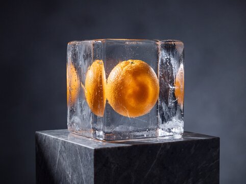 Minimalist 3D render of a fresh orange frozen inside a clear transparent ice cube resting on a dark marble pedestal