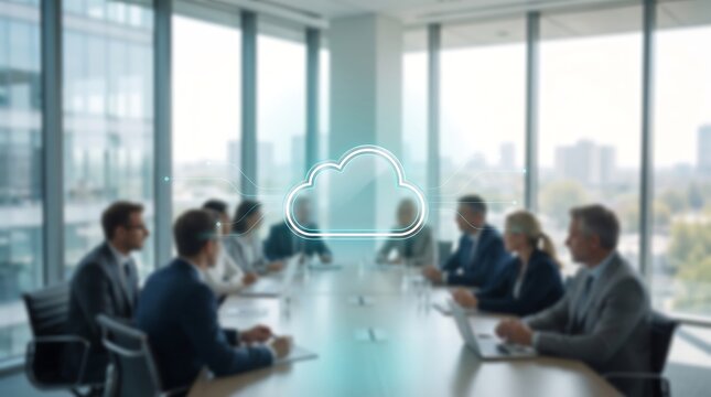 Business executives in meeting room with holographic cloud computing icon floating above table representing digital storage and internet connectivity solutions for modern corporate enterprises