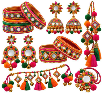 Traditional indian wedding jewelry set featuring colorful silk thread bangles, jhumka earrings, mangtika, and haath phool, isolated on transparent background
