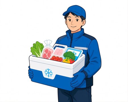 食品配送・冷蔵配送を行う配送員が保冷ボックスで生鮮食品を届けるイラスト｜配送員、保冷ボックス、食品、野菜、肉、トマト、パプリカ、ブロッコリー、冷蔵配送