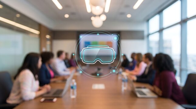 Virtual reality headset icon floating during team meeting in modern office representing immersive technology training and future digital workspace innovation for corporate business