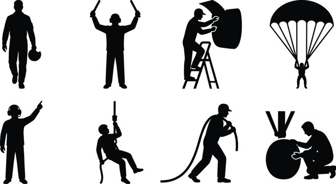 Aviation and airport ground crew silhouettes set featuring marshallers, mechanics, and maintenance workers vector design