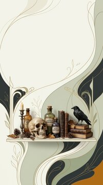 Art Nouveau Halloween Banner with Photorealistic Skull, Apothecary Bottles, and Raven on Illustrated Background with Copy Space