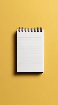 Blank Notebook: A simple blank notebook with lined pages sits open on a vibrant yellow background, ready for new ideas and notes to be jotted down.