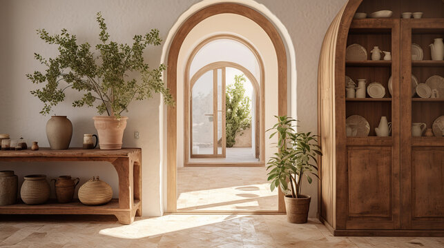 Interior hallway with arched doorways and a wooden cabinet with pottery. Mediterranean architectural style.