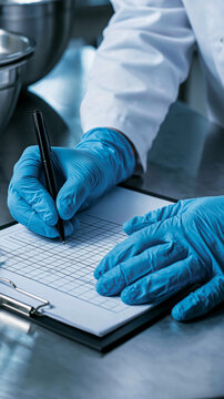 Scientific Documentation: A gloved hand meticulously records data on a clipboard in a laboratory setting, symbolizing research and scientific progress.