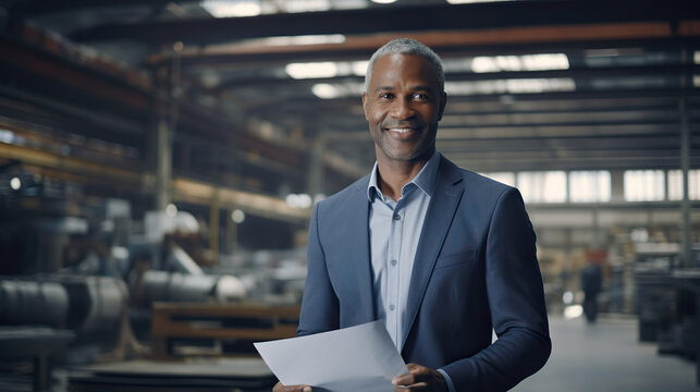Manager in an industrial factory with blueprint. Professional executive in a suit holding a paper document in a manufacturing plant. Handsome businessman smiling.