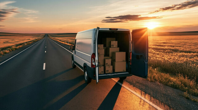 Delivery Van on the Open Road at Sunset