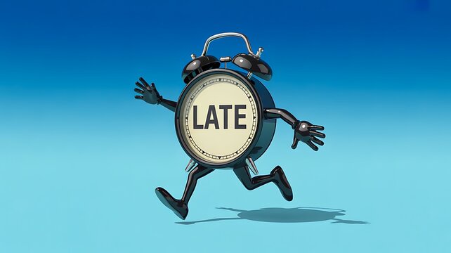 Funny animated alarm clock running late against a blue background