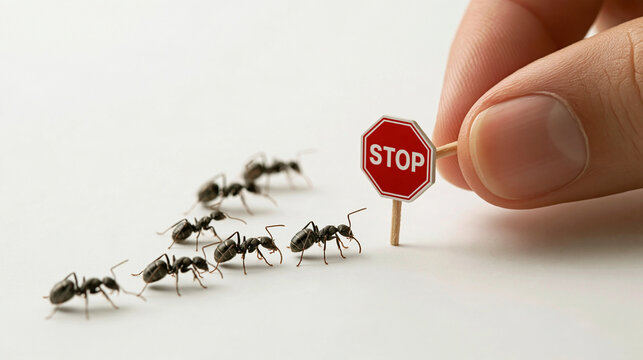Ants Halted by a Miniature Stop Sign: A tiny red stop sign, held by a human finger, halts a procession of ants marching in formation. This image symbolizes control, intervention.