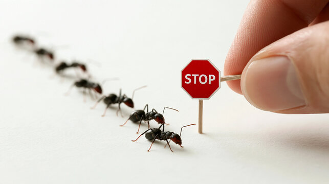 Ants Confronting a Stop Sign: A line of ants marching forward is halted by a tiny stop sign, representing obstacles and challenges.