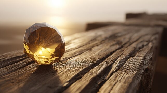 Golden Sunstone Gemstone with Golden Aventurescence and Facets Resting on Textured Wood
