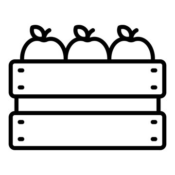 Apple in crate outline icon. wooden slats holding fruit. farm storage. wholesale and market