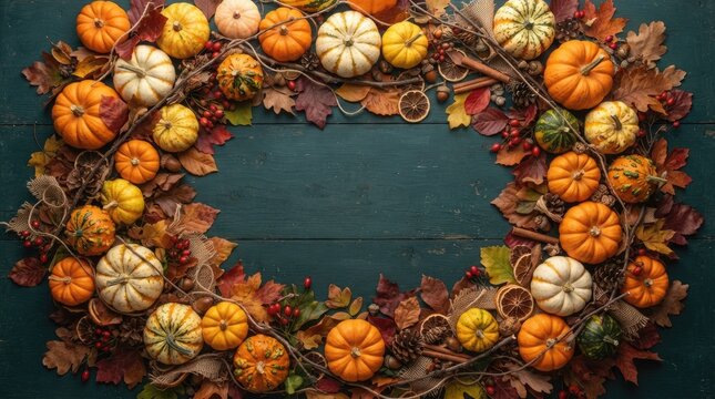 Pumpkins and gourds arranged in autumn harvest decoration