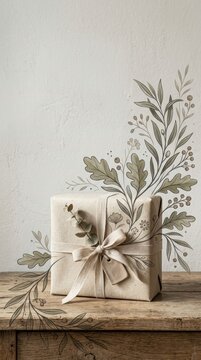 Sustainable Artisanal Gift Box with Recycled Paper and Organic Linen Ribbon Featuring Minimalist Handcrafted Botanical Illustrations on Rustic Wood Surface and Copy Space