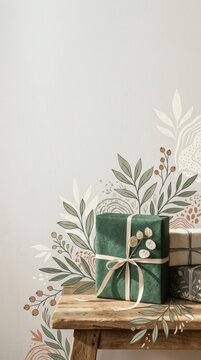 Minimalist Artisan Gift Packaging with Green Textured Paper and Botanical Illustrations on Wooden Table with Copyspace