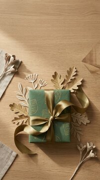 Minimalist Premium Green Gift Box with Gold Silk Ribbon and Handcrafted Paper Botanical Elements on a Light Wood Texture Surface with Copy Space