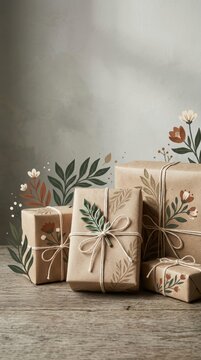 Minimalist Gift Boxes Wrapped in Kraft Paper with Botanical Illustrations and Twine on Wood Surface with Copy Space