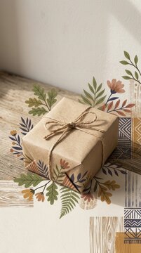 Minimalist Kraft Paper Gift Box with Twine Bow Integrated with Arts and Crafts Style Botanical Digital Illustration on Wood Surface with Copyspace