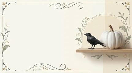 Obraz premium Minimalist Halloween Hero Banner with Photorealistic White Pumpkin and Black Crow on Wooden Shelf, Contemporary Victorian Flourish Border and Large Advertising Copy Space