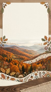 Autumn Hills Panorama with Arts and Crafts Botanical Illustration and Large Copy Space on Textured Paper and Wood Background - Minimalist Fall Seasonal Landscape Backdrop