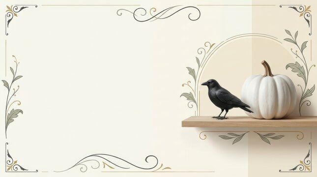 Minimalist Halloween Hero Banner with Photorealistic White Pumpkin and Black Crow on Wooden Shelf, Contemporary Victorian Flourish Border and Large Advertising Copy Space