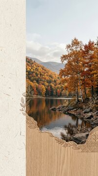 Minimalist Autumn Mountain Lake Photo and Arts and Crafts Illustration Hybrid with Wood Texture, Paper Background, and Amber Foliage Reflection with Large Copy Space