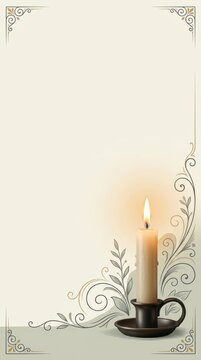 Lit candle on minimalist Victorian illustrated background for Halloween fire safety banner with massive copy space