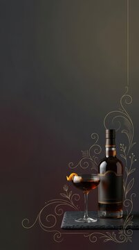 Premium Halloween Cocktail and Bottle on Dark Background with Victorian Flourishes and Copyspace - Minimalist Beverage Vertical Hero Banner for Social Media and Advertising