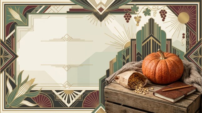 Art Deco Autumn Harvest Banner with Photorealistic Pumpkin Seeds and Notebook on Wood Crate with Geometric Frame and Copy Space