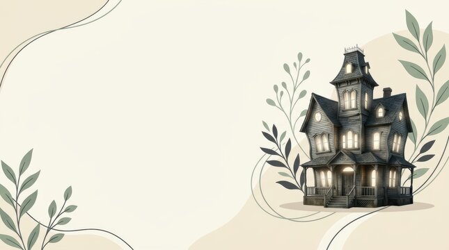 Minimalist Art Nouveau Haunted House Banner with Spooky Victorian Mansion, Glowing Windows and Massive Copyspace for Halloween Luxury Editorial