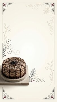 Elegant Artisanal Chocolate Spiderweb Cake on Minimalist Victorian Flourish Background with Large Copy Space for Halloween Campaign and Promotion