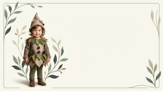 Minimalist Art Nouveau banner with a photorealistic child in a whimsical woodland elf Halloween costume featuring expansive copy space for editorial and commercial advertising.