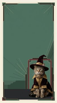 Photorealistic Cat in Halloween Witch Costume on Minimalist Art Deco Illustrated Background with Large Copy Space for Vertical Banner and Luxury Pet Brand Advertising