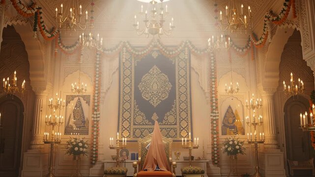 Magnificent interior of sacred temple illuminated by candles and chandeliers during religious festival celebration