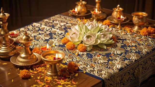 Traditional Sikh festival altar decorated with lotus flowers and brass oil lamps