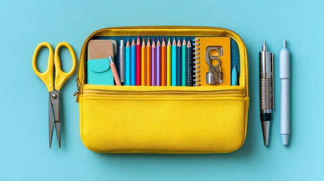 Back to school concept with yellow pencil case, colorful pencils and pens, notepad and scissors arranged in a flat lay top view on pastel blue background, school supplies, classroom stationery and edu