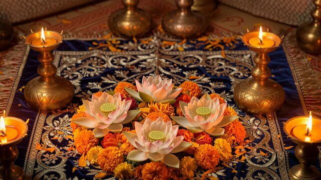 Glowing Brass Oil Lamps Illuminate Floral Offerings on Blue Velvet Cloth During Sikh Festival