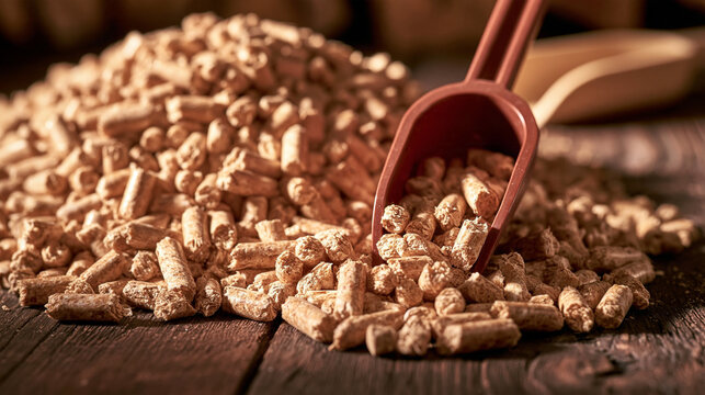 Close-up of Wood Pellets with Scoop: A rustic scoop rests in a pile of compressed wood pellets, showcasing the texture and detail of this sustainable fuel source.