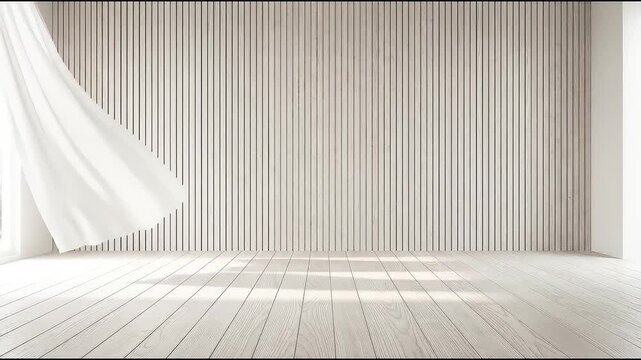 Minimalist empty interior room with vertical wood slat wall and floor video loop footage